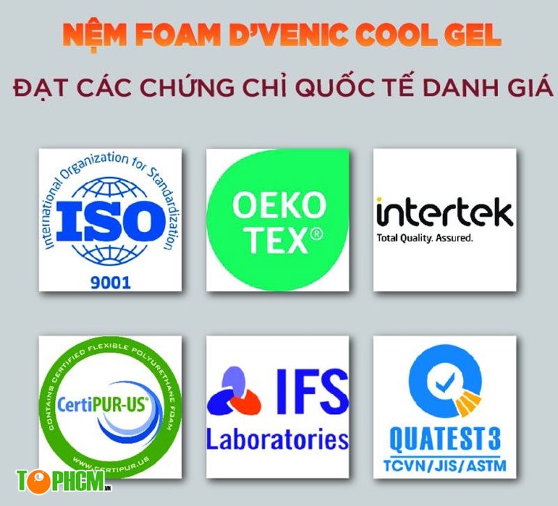 Nệm Foam D’Venic Cool Gel dạt các chứng chỉ quốc tế